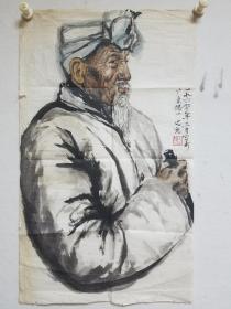 著名画家杨之光国画一幅，六十年代人物写生画稿，保真。尺寸64×38厘米。