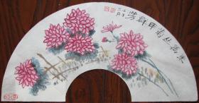 江苏灌云—汪长发菊花扇页，2002年大红鹰杯庆祝香港回归五周年公务员书画大赛参赛作品