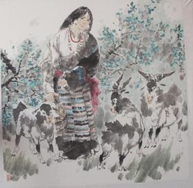名家王宓画作——藏女（小写意斗方）(4尺对开斗方 框裱)