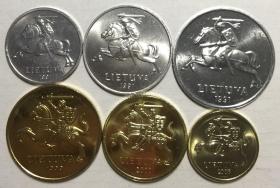 立陶宛骑士版硬币6枚一套小全套 全新UNC 1-2-5-10-20-50分骑兵