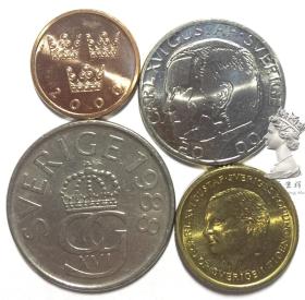 瑞典最新版50欧尔-1-5-10克朗流通硬币4枚一套 大全套 北欧钱币