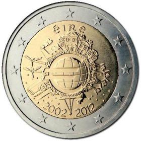 爱尔兰2012年欧元货币发行10周年2欧元纪念币 外国钱币硬币 UNC