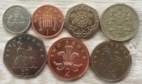 英镑小全套 英国1-2-5-10-20-50便士-1镑流通硬币7枚一套品相如图