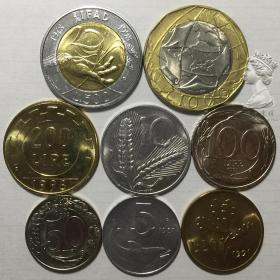 意大利5-10-20-50-100-200-500-1000里拉硬币8枚一套含FAO纪念币