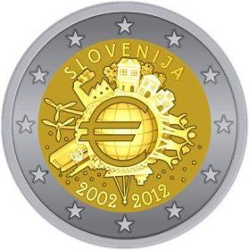 斯洛文尼亚2012年欧元货币发行10周年2欧元纪念币 外国钱币硬币