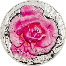 2017帕劳发行花朵系列-粉红色的玫瑰水珠特效高浮雕彩色精制银币