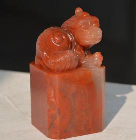 精品萝卜丝水洞朱砂老挝钮章，精美老挝石章料 （易受刀 ，印面尺寸30--30--55MM