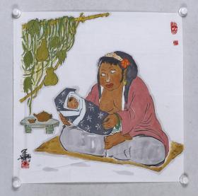 著名画家、国家一级美术师 耿-孟-刚 水墨人物画“哺育”一幅（拍品得自于艺术家本人，纸本软片，约4.3平尺，钤印：耿孟刚印）HXTX100055