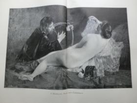【百元包邮】1890年巨幅木刻版画《维纳斯和唐豪瑟》（Venus und Tannhäuser）  绘画作品 尺寸约56*41厘米  （货号101141）