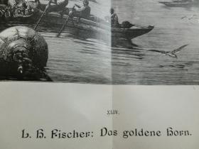 【百元包邮】1890年巨幅木刻版画《金色山峦》（Das Goldene Horn）尺寸约56*41厘米  （货号602436）