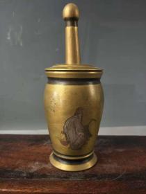 纯铜捣药缸一个，包浆自然，品相完整，高18cm，直径7cm