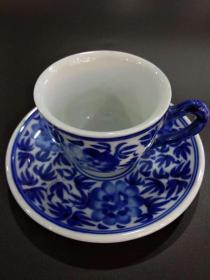 西洋 欧洲 古董 茶杯 意式浓缩咖啡杯 碟子 2件套 青花