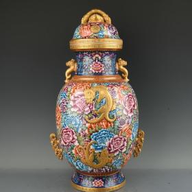 大清乾隆年制珐琅彩鎏金雕刻牡丹花卉龙纹盖罐