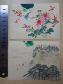 60年代【手绘，山水花鸟，绢画小品2幅】画面上端有污渍