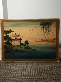 《特价》精美70年代木雕油画，太阳，凉亭，柳树，划船