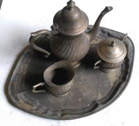 民国时期外国制造“酒壶、杯、盘”等铜镀银器4件套