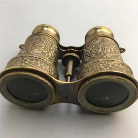 古玩古董收藏老物件铜器牛皮包西洋双筒可伸缩望远镜影视道具