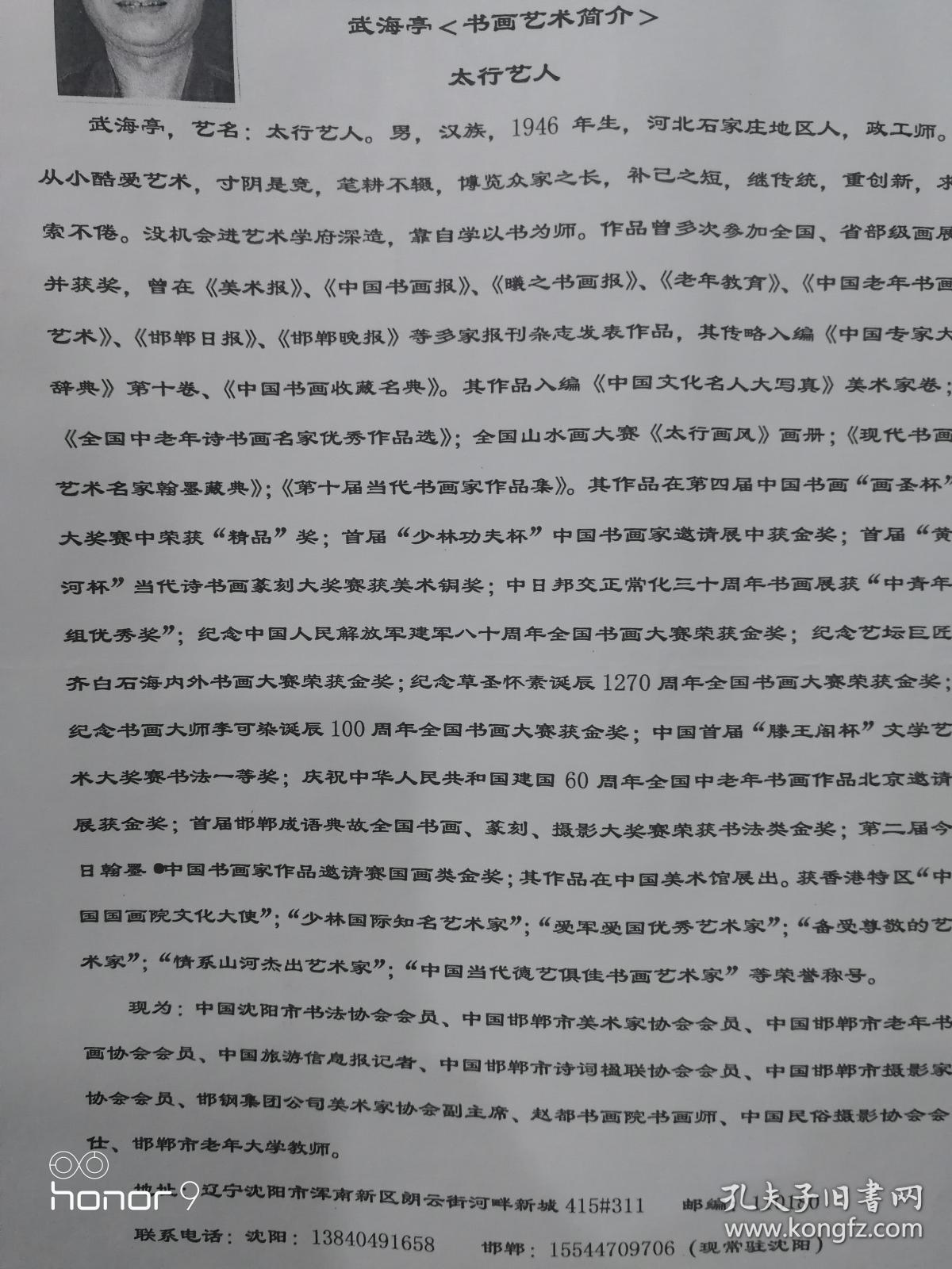 武海亭，网名太行艺人，靠自学，现是沈阳市书协会员，邯郸市邯钢集团美协副主席，中国民俗影协会仕，邯郸市老年大学教师，获全国书画大赛金奖三十于次，已为政府官员、私企老板、平民百姓、亲朋好友写藏头诗2000余首，作品传遍大江南北长城内外。