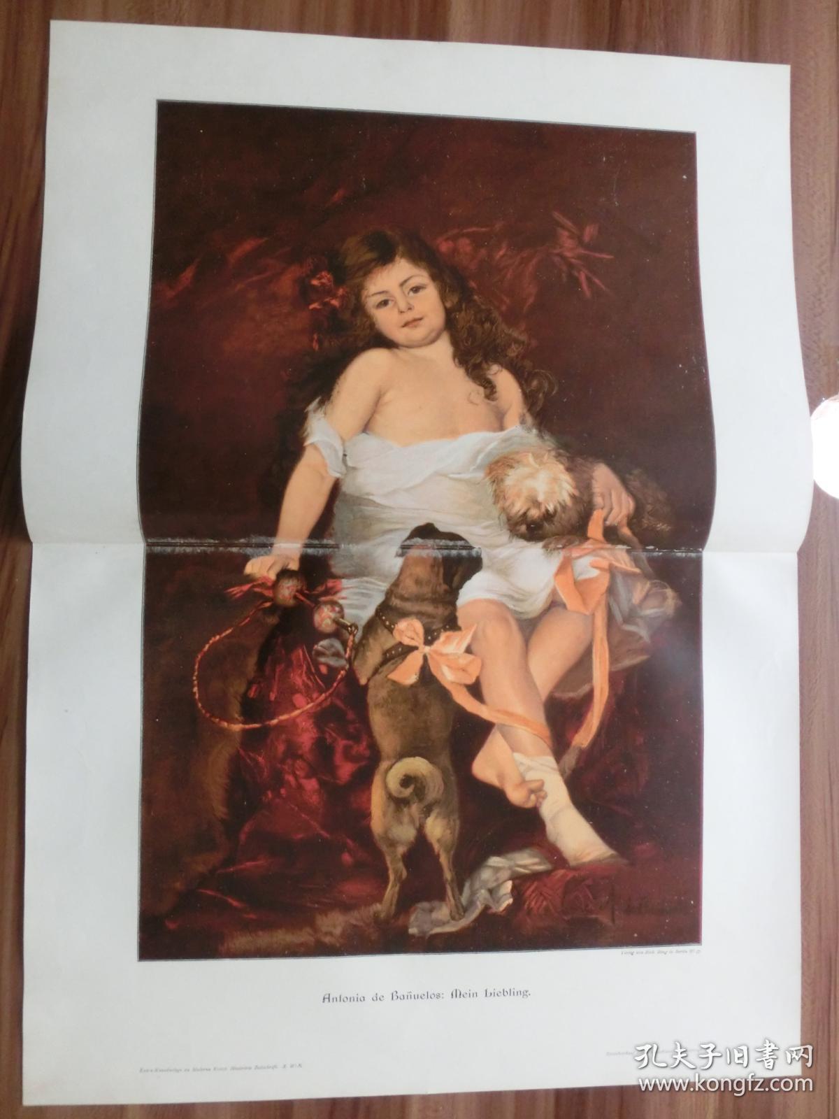 【现货 包邮】1890年巨幅套色木刻版画《可爱的女孩和宠物》( Mein Liebling )尺寸约56*41厘米  （货号601585）