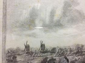 欧洲版画 农庄风车 凹板钢版画 带镜框可摆可挂