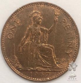 31mm大铜币 英国1962-67年1便士伊丽莎白女王硬币 女神 流通普品