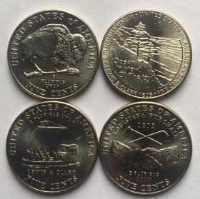 美国2004-2005年5美分纪念币4枚一套  铜镍币 硬币 野牛握手帆船