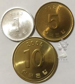BU袋拆 已停止发行 韩国1983-2005年老版1-5-10元硬币3枚一套全新