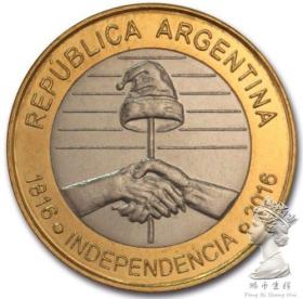 握手币 阿根廷2016年2比索独立200周年纪念币 全新UNC双金属硬币