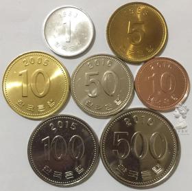 韩国1983-2016年1-5-10-50-100-500元硬币7枚一套大全套 全新UNC