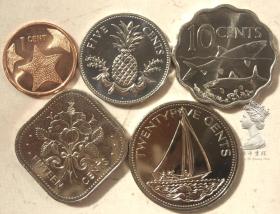 超精美 巴哈马新版1-5-10-25-50分硬币5枚一套 海星菠萝帆船花鱼