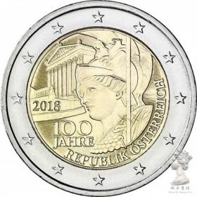 奥地利2018年共和国成立100周年2欧元双金属纪念币 外国硬币 UNC