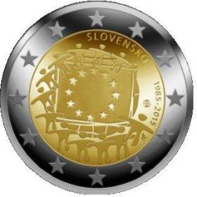 斯洛伐克2015年2欧欧盟旗帜30周年双金属纪念币 全新UNC 外国硬币