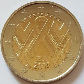 红丝带 法国2014年世界艾滋日2欧元纪念币 外国钱币硬币 全新UNC