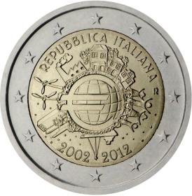 意大利2012年欧元货币发行10周年2欧元纪念币 外国钱币硬币 UNC