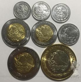 墨西哥5-10-20-50分-1-2-5-10比索硬币8枚一套大全套 老鹰钱币