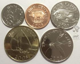 英属 百慕大2008年清年份最新版硬币5枚一套 1-5-10-25分-1元 UNC