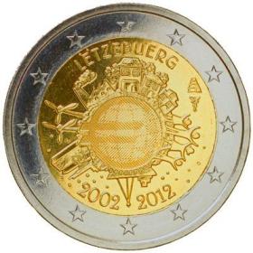 卢森堡2012年欧元货币发行10周年2欧元纪念币 外国钱币硬币 UNC