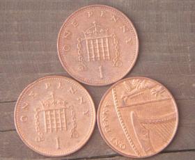 旧币大英帝国1套3枚1便士纪念币女皇硬币钱币英格兰法国