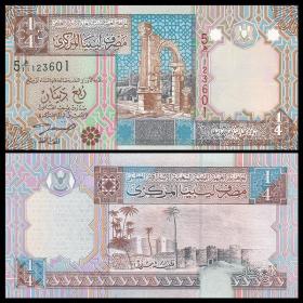 【非洲】全新UNC利比亚1/4第纳尔纸币外国钱币ND(2002)年P-62