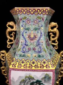 清雍正珐琅彩开光山水人物纹双耳六方瓶 古玩古董明清老瓷器艺术收藏