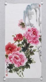 著名军旅演员、画家 于-又-川 2015年水墨花卉画“牡丹”一幅（拍品得自于艺术家本人，纸本托片，约4.5平尺，钤印：于、又川）HXTX100024