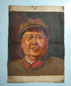 :手绘油画-毛主席穿军装半身像(有钤印) 35*26cm 稀有，油画不能折叠及卷轴，仅接受快递