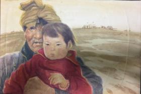 草原的太阳 水彩画 人物 中国 34x45cm 孙宏伟 日本发货