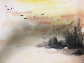 洪彦 水彩画 景 39x54 cm  日本发货
