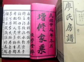 《绝美廖氏房谱》民国甲戌年，大全十四册有文字造牒纪要，款识册数。有斯文包角序图夯实书皮圈目次，品相极美，先祖世居闽粤，后裔于顺治末年由广东梅州占籍湘中善化县，至康乾盛世时，族中有识者，为尊祖联宗，费尽心思，远赴广东原籍纳普续宗，至民国间两地客居主家来往不绝，通谱亦有千丝万缕之渊源。本人大批卖家谱宗谱族谱