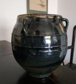明清磁州窑黑釉四系罐，釉面过低，无裂，小磕碰，高21厘米口径15厘米左右。