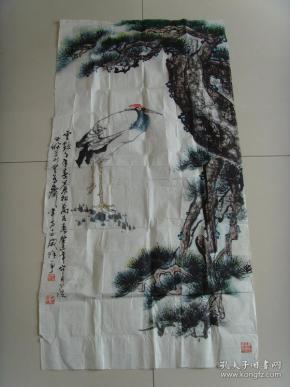 彭世杰：画：云鹤千年寿,苍松万古青（带信封及简介）（彭世杰  1926年生，85年退休回蓉定居干部。幼时即喜爱书法，小学时曾为街邻书写春联。退休前即自备铁笔砂盘，一有空皆练习书法写，曾到翰林书画艺术学院学习深造，对大篆.隶书.行书.楷书皆有造诣。痴迷到不管夏天热还是冬天冷都一直坚持，对国画山水.花鸟也感兴趣。创作的国画山水.花鸟，书法大篆多次参展并获奖。）