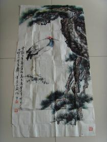 彭世杰：画：云鹤千年寿,苍松万古青（带信封及简介）（彭世杰  1926年生，85年退休回蓉定居干部。幼时即喜爱书法，小学时曾为街邻书写春联。退休前即自备铁笔砂盘，一有空皆练习书法写，曾到翰林书画艺术学院学习深造，对大篆.隶书.行书.楷书皆有造诣。痴迷到不管夏天热还是冬天冷都一直坚持，对国画山水.花鸟也感兴趣。创作的国画山水.花鸟，书法大篆多次参展并获奖。）