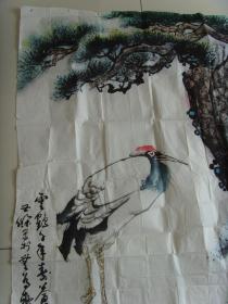 彭世杰：画：云鹤千年寿,苍松万古青（带信封及简介）（彭世杰  1926年生，85年退休回蓉定居干部。幼时即喜爱书法，小学时曾为街邻书写春联。退休前即自备铁笔砂盘，一有空皆练习书法写，曾到翰林书画艺术学院学习深造，对大篆.隶书.行书.楷书皆有造诣。痴迷到不管夏天热还是冬天冷都一直坚持，对国画山水.花鸟也感兴趣。创作的国画山水.花鸟，书法大篆多次参展并获奖。）