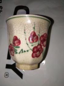 老瓷器，冰裂纹釉下彩梅花八棱束腰敞口茶杯，好品，8*8